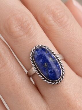 Lapis Lazuli Ring (Brand New) 925 Sterling Silver Oval Cabochon Size 6 Boho